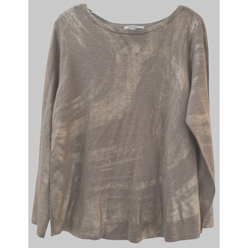 Chicos Womens Knit Top Long Sleeve Large (2) 12/14 Gold Metallic Print Shirt